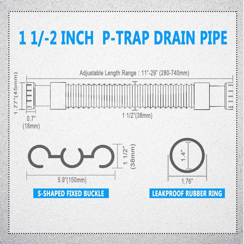 Cinsda Flexible Sink Drain Pipe, 1-1/2 P-trap with Adapter, Expandable Tubular Drain Tubing, Adjustable P Trap for Kitchen Sink & Garbage Disposal - Image 3